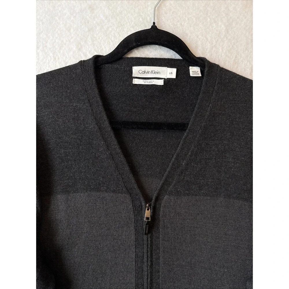 Calvin Klein Merino Wool Full Zip Cardigan L Italian yarn Knit Grandpa Luxe